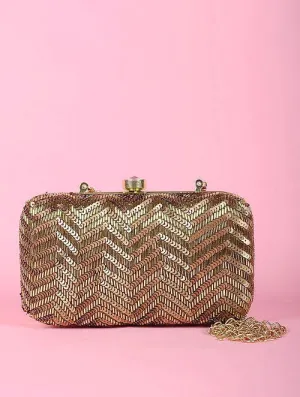 Antique Gold Zigzag Hand Embroidered Clutch