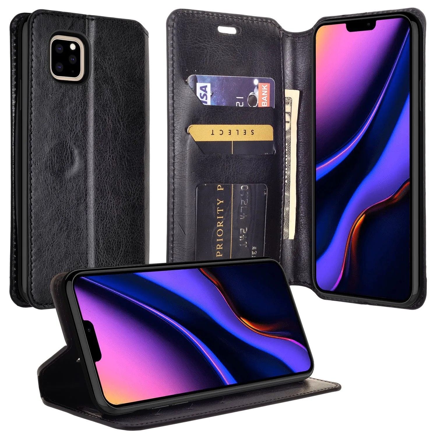 Apple iPhone 11 Pro Max Case, iPhone 11 Pro Max Wallet Case, Pu Leather Wallet Case [Kickstand] with ID & Credit Card Slots for iPhone 11 Pro Max  - Black