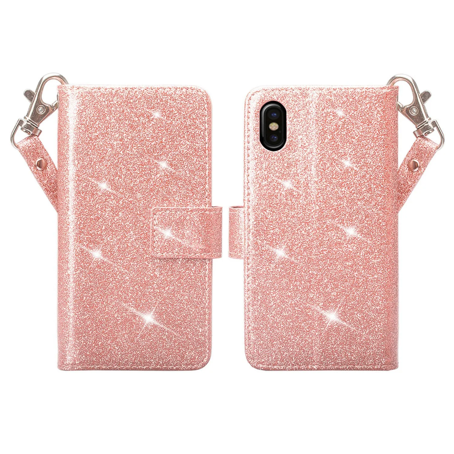 Apple iPhone XS Max Case, Apple A1921, [Wrist Strap] Glitter Faux Leather Flip [Kickstand Feature] Protective Wallet Case Clutch - Rose Gold