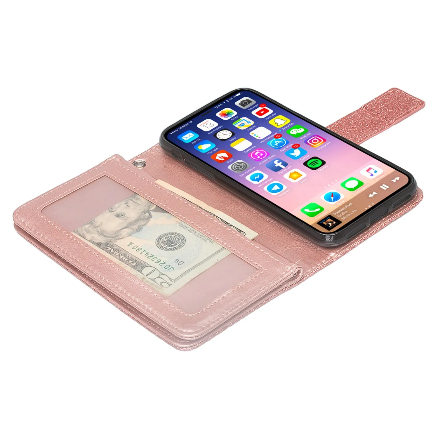 Apple iPhone XS Max Case, Apple A1921, [Wrist Strap] Glitter Faux Leather Flip [Kickstand Feature] Protective Wallet Case Clutch - Rose Gold