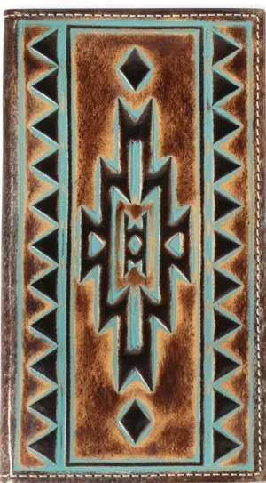 Ariat Men's Rodeo Leather Wallet with Turquoise Outline Southwestern Brown