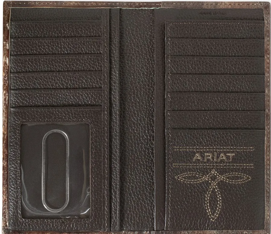 Ariat Men's Rodeo Leather Wallet with Turquoise Outline Southwestern Brown