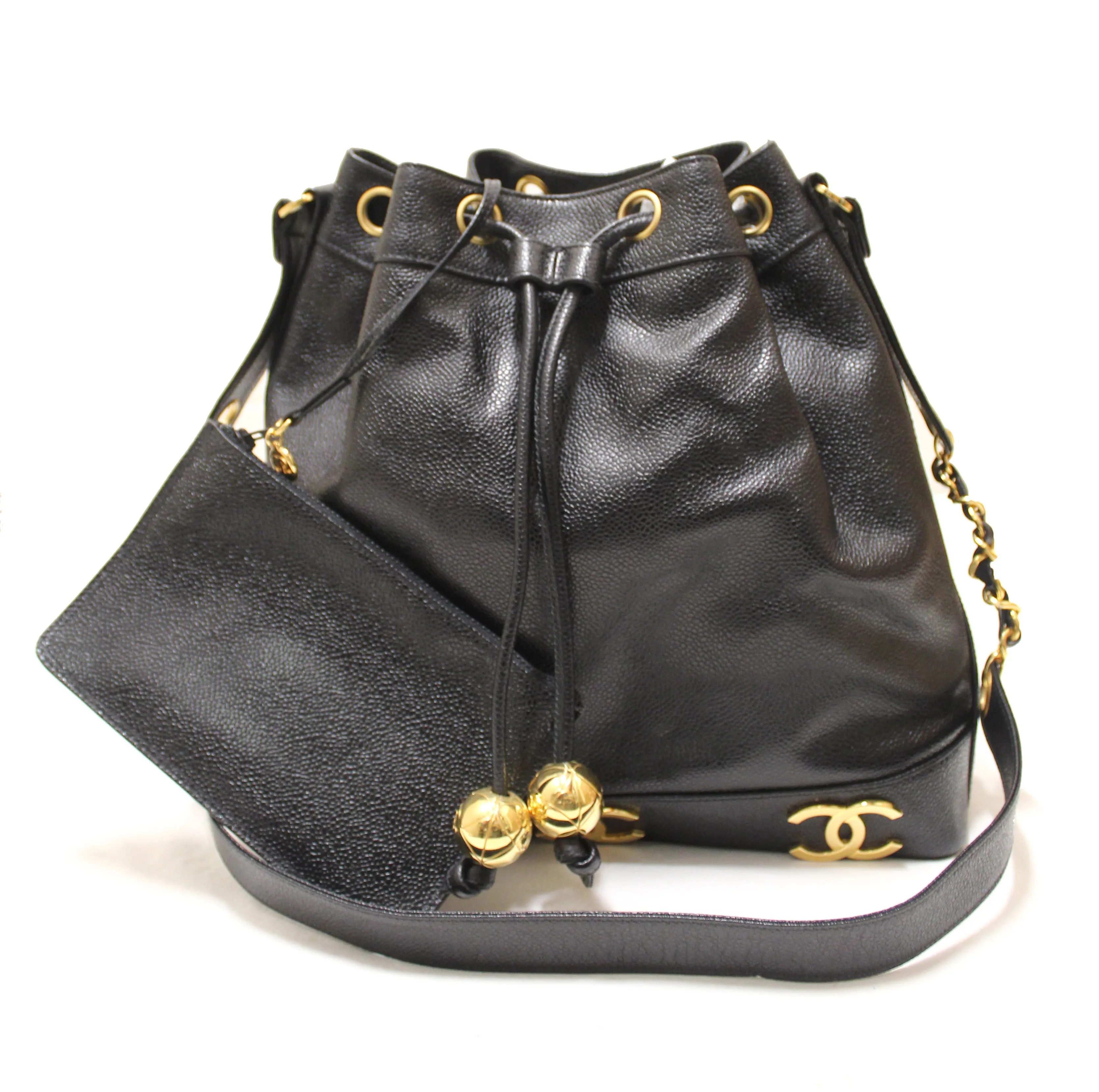 Authentic Chanel Black Caviar Drawstring Bucket Bag