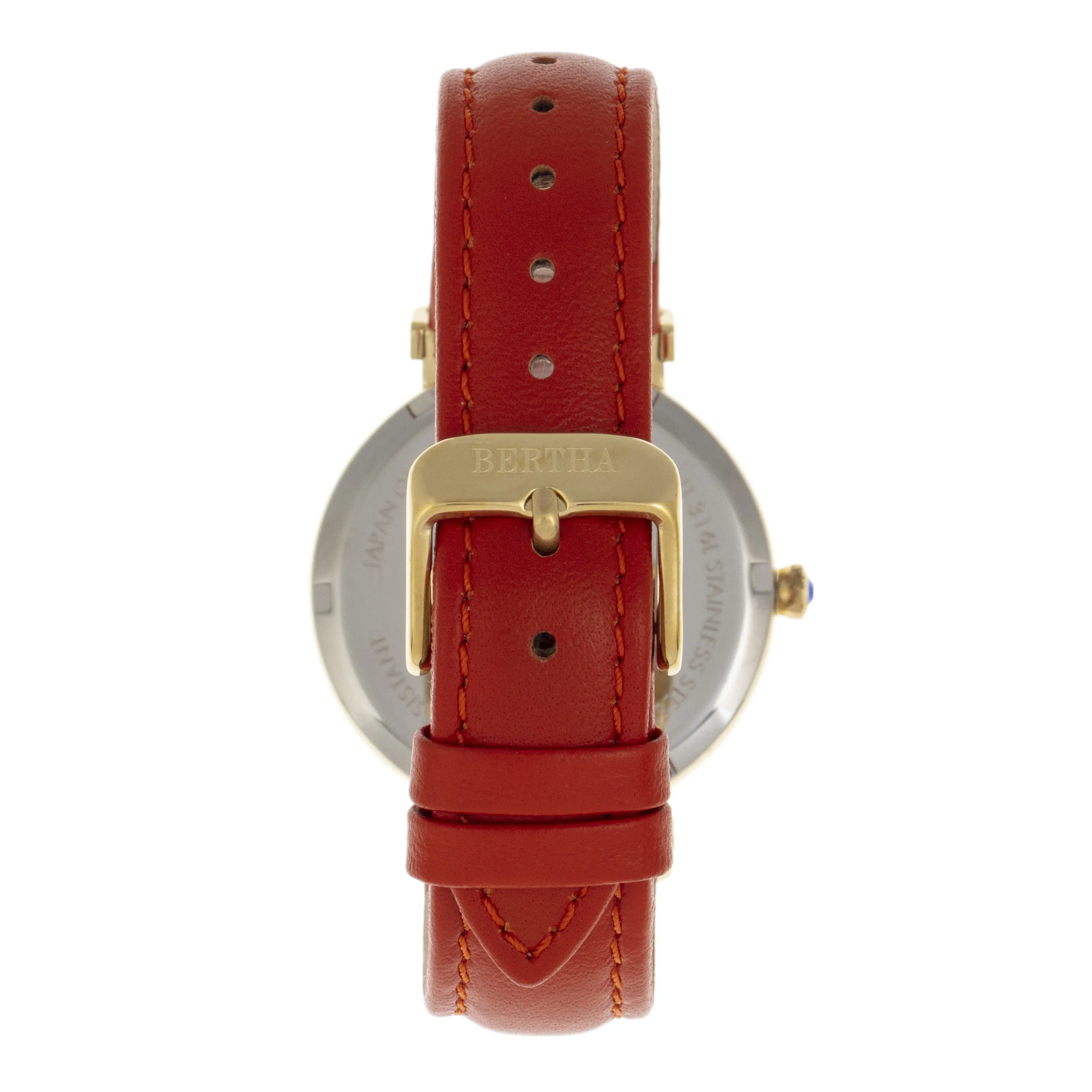 Bertha Emily Mother-Of-Pearl Leather-Band Watch - Gold/Orange