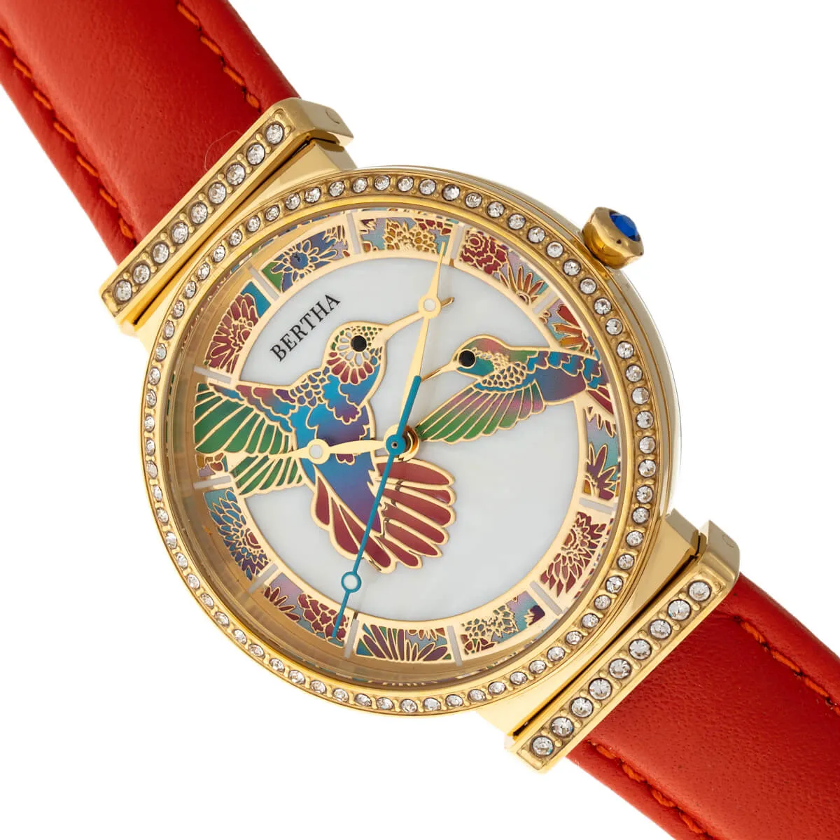 Bertha Emily Mother-Of-Pearl Leather-Band Watch - Gold/Orange