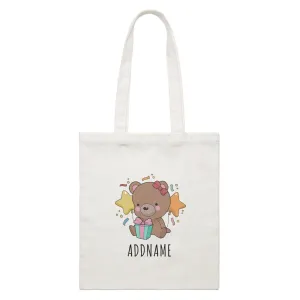 Birthday Sketch Animals Bear with Present Addname White Canvas Bag