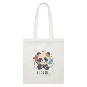 Birthday Sketch Animals Panda with Party Hat Holding Bamboo Addname White Canvas Bag