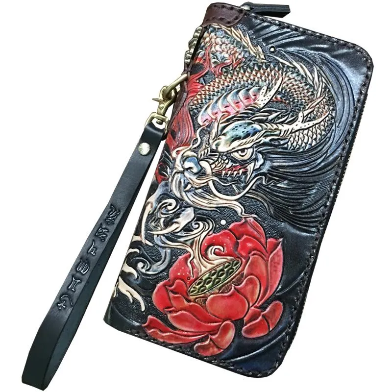 Black Handmade Carp Toad Tooled Leather Long Biker Wallet Black Chain Wallet Clutch Wallet For Men