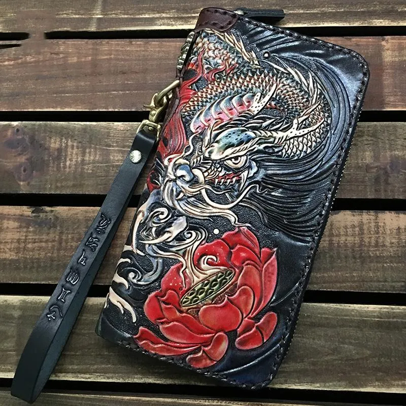 Black Handmade Carp Toad Tooled Leather Long Biker Wallet Black Chain Wallet Clutch Wallet For Men