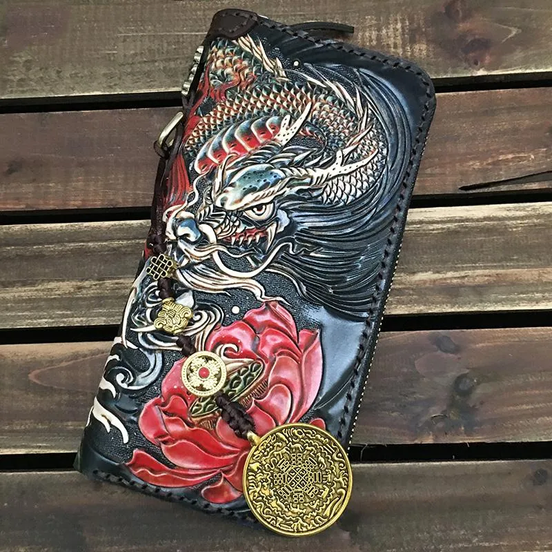 Black Handmade Carp Toad Tooled Leather Long Biker Wallet Black Chain Wallet Clutch Wallet For Men