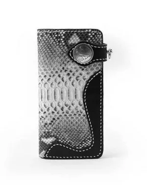 Black Leather Mens Long Biker Wallet Bifold Snake Skin Long Wallet Biker Chain Wallet For Men