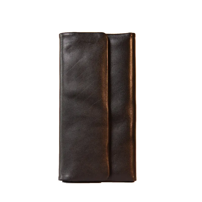 Black Leather Women Long Wallet Trifold Wallet For Women