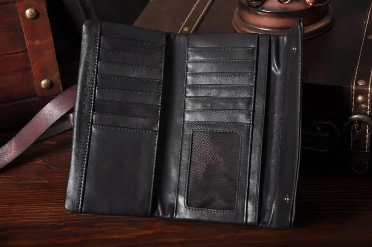 Black Leather Women Long Wallet Trifold Wallet For Women