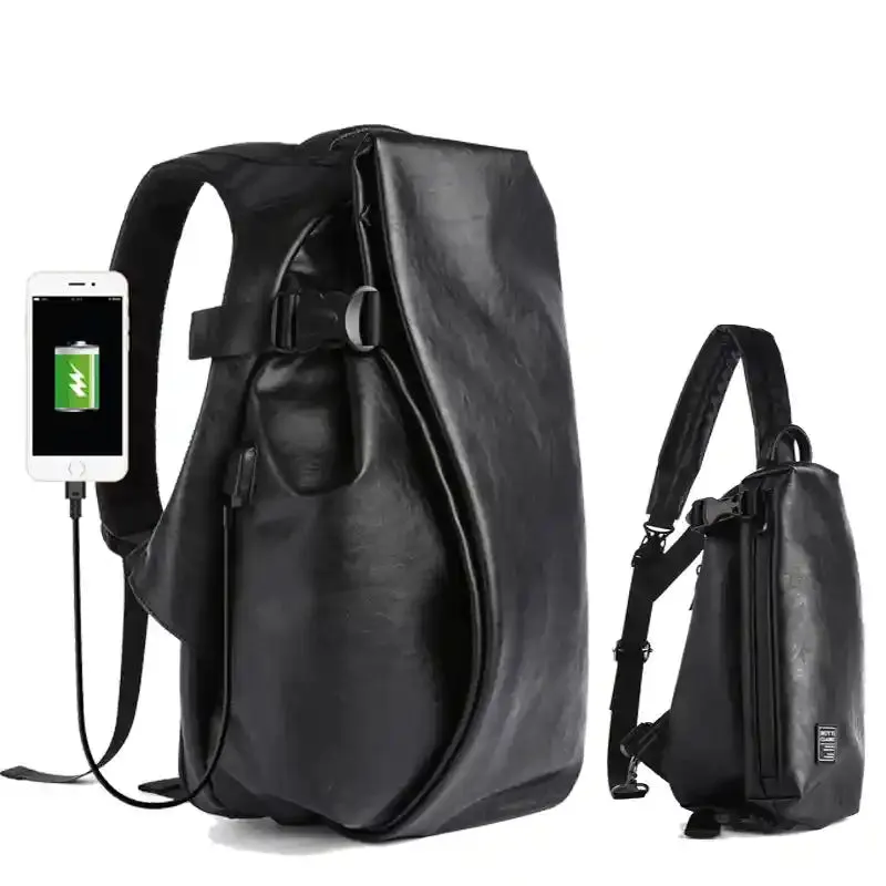 Black Waterproof Leather Laptop Backpack With USB Charging