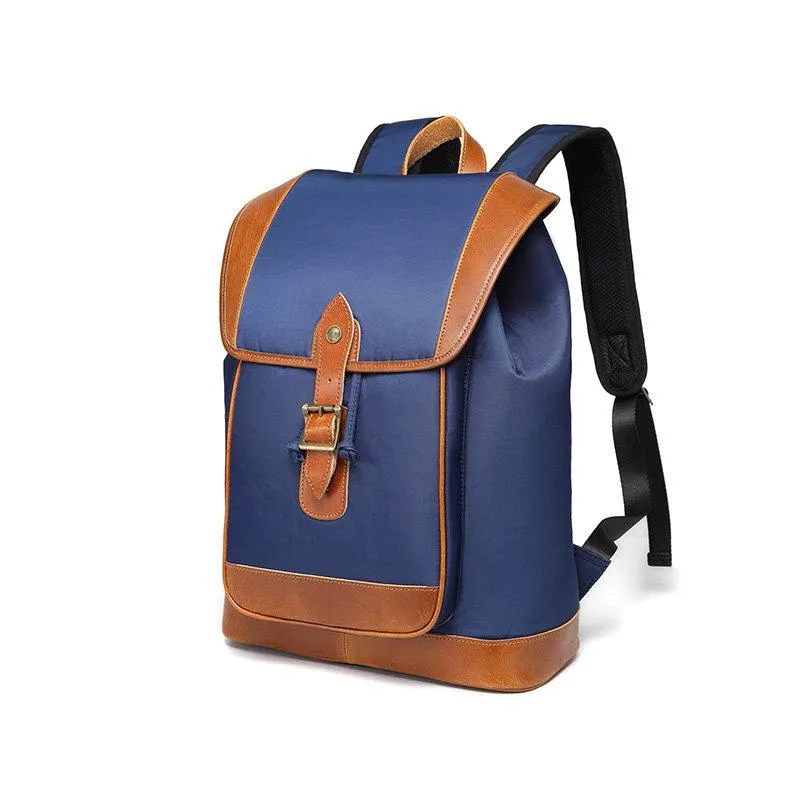 Blue Nylon Leather Mens Large 14'' Laptop Backpack College Backpack Travel Backpack for Men