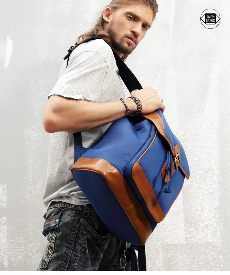 Blue Nylon Leather Mens Large 14'' Laptop Backpack College Backpack Travel Backpack for Men