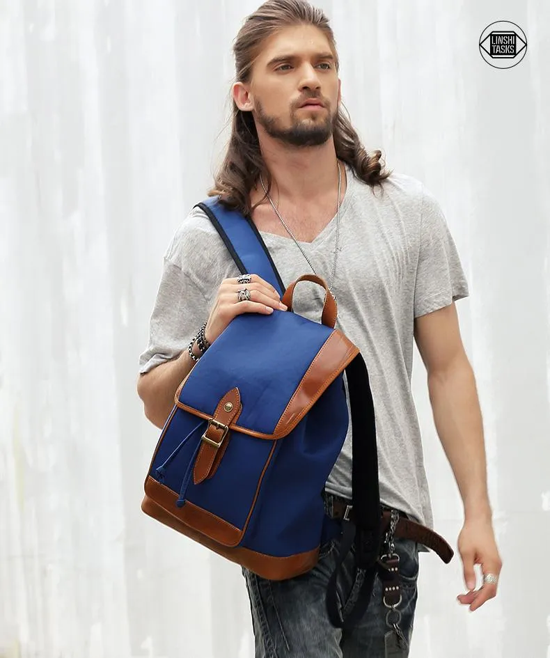 Blue Nylon Leather Mens Large 14'' Laptop Backpack College Backpack Travel Backpack for Men