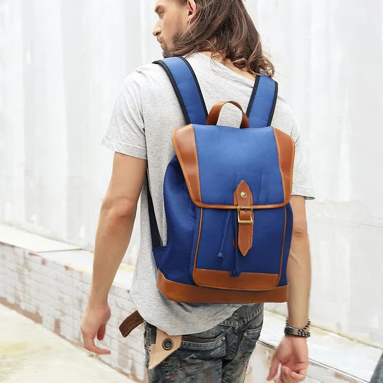 Blue Nylon Leather Mens Large 14'' Laptop Backpack College Backpack Travel Backpack for Men