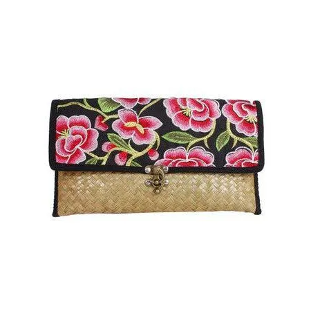 Boho Rattan Clutch with Vintage Embroidery - Thailand