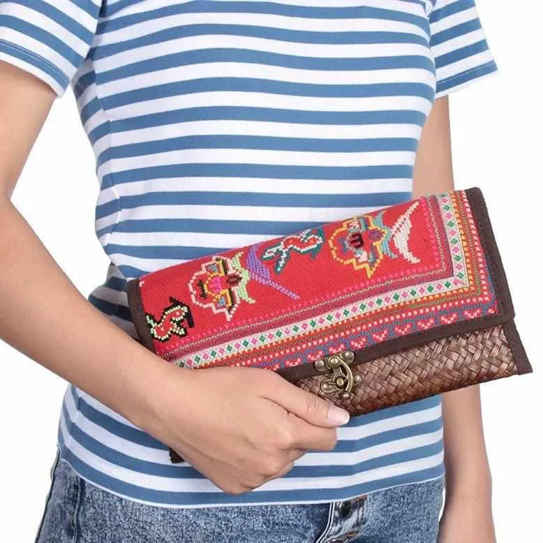 Boho Rattan Clutch with Vintage Embroidery - Thailand