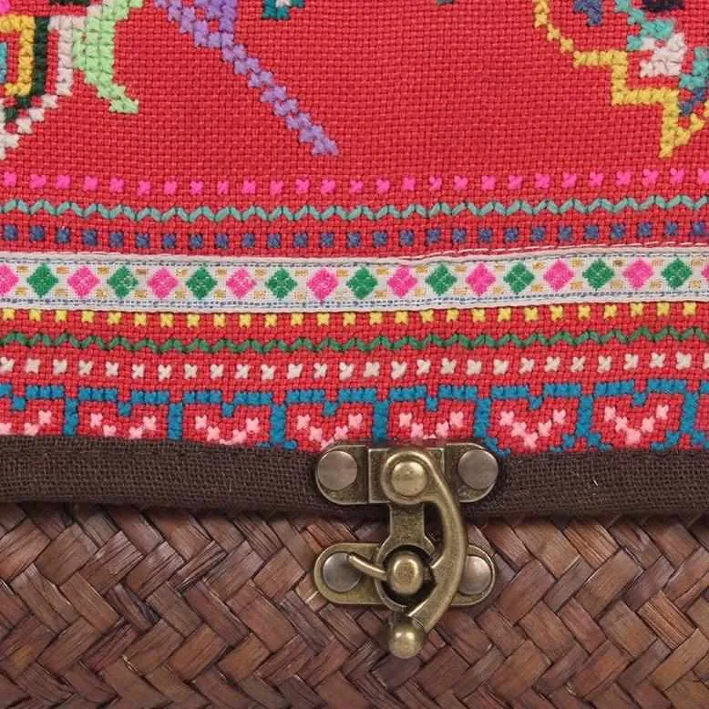 Boho Rattan Clutch with Vintage Embroidery - Thailand