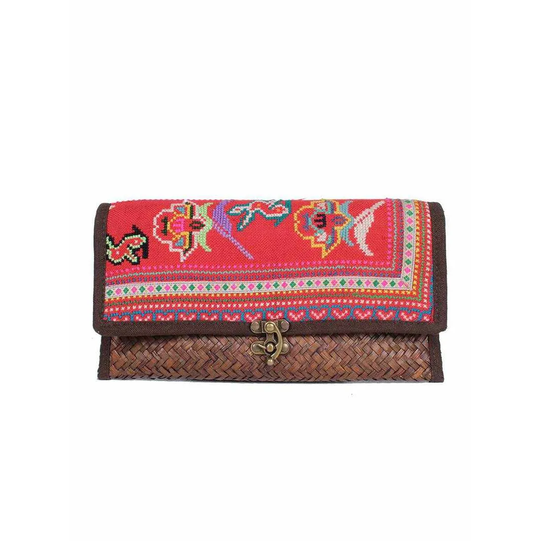 Boho Rattan Clutch with Vintage Embroidery - Thailand