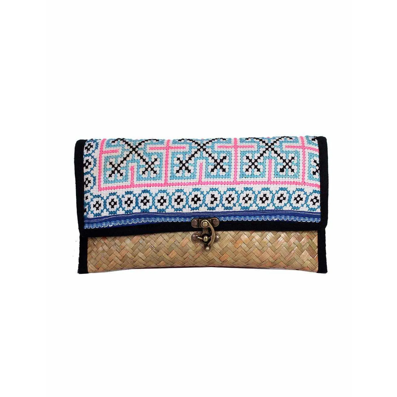 Boho Rattan Clutch with Vintage Embroidery - Thailand