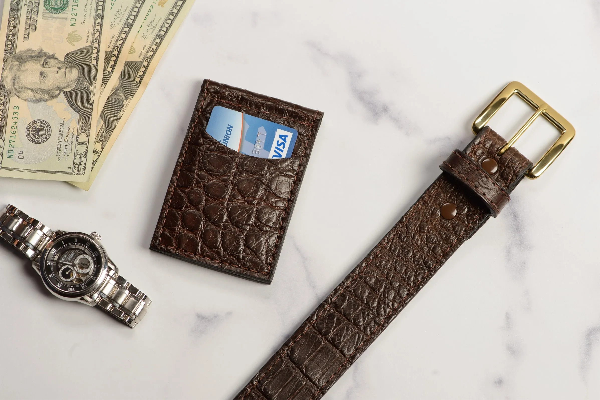 Brown Alligator Bifold Slim Profile Wallet With Money Clip