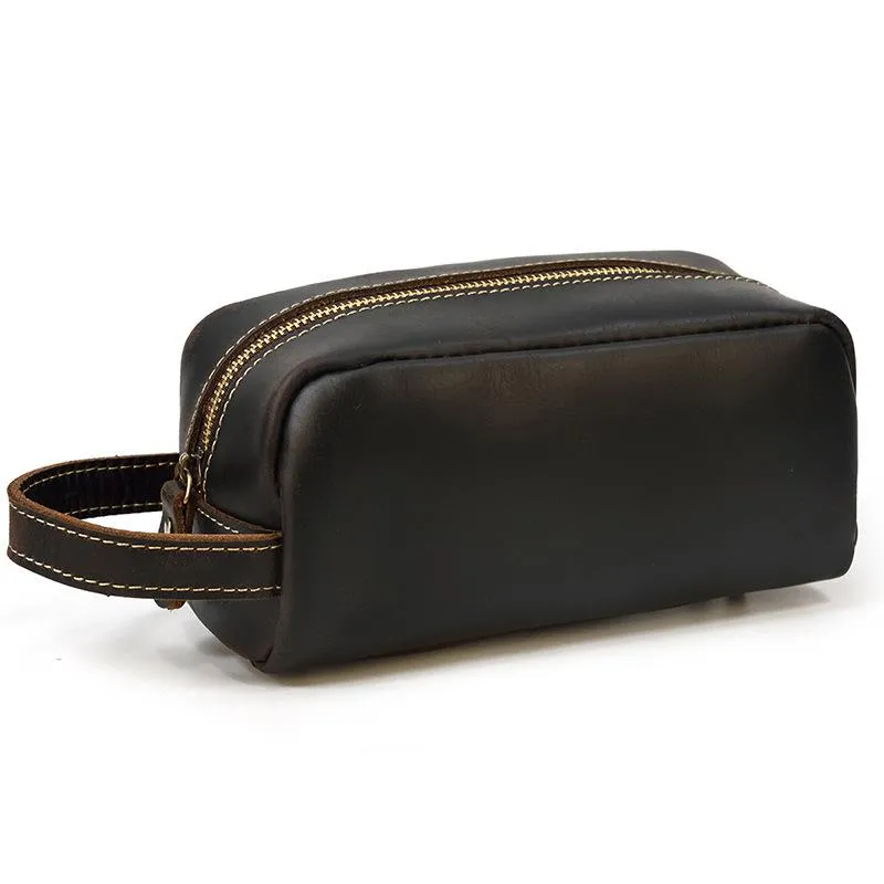 Brown MENS LEATHER ZIPPER CLUTCH WRISTLET PURSE CLUTCH BAG STORAGE BAG FOR MEN