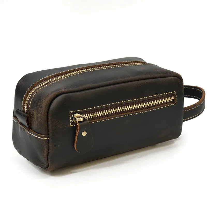 Brown MENS LEATHER ZIPPER CLUTCH WRISTLET PURSE CLUTCH BAG STORAGE BAG FOR MEN