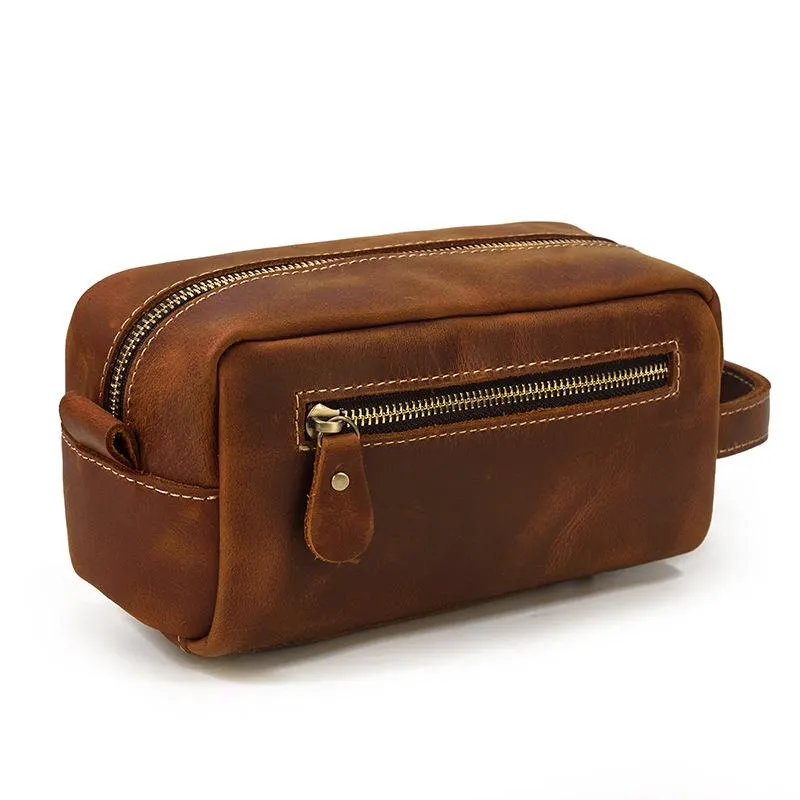 Brown MENS LEATHER ZIPPER CLUTCH WRISTLET PURSE CLUTCH BAG STORAGE BAG FOR MEN