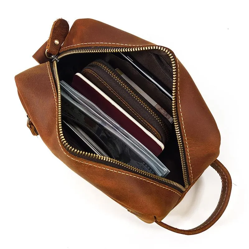 Brown MENS LEATHER ZIPPER CLUTCH WRISTLET PURSE CLUTCH BAG STORAGE BAG FOR MEN