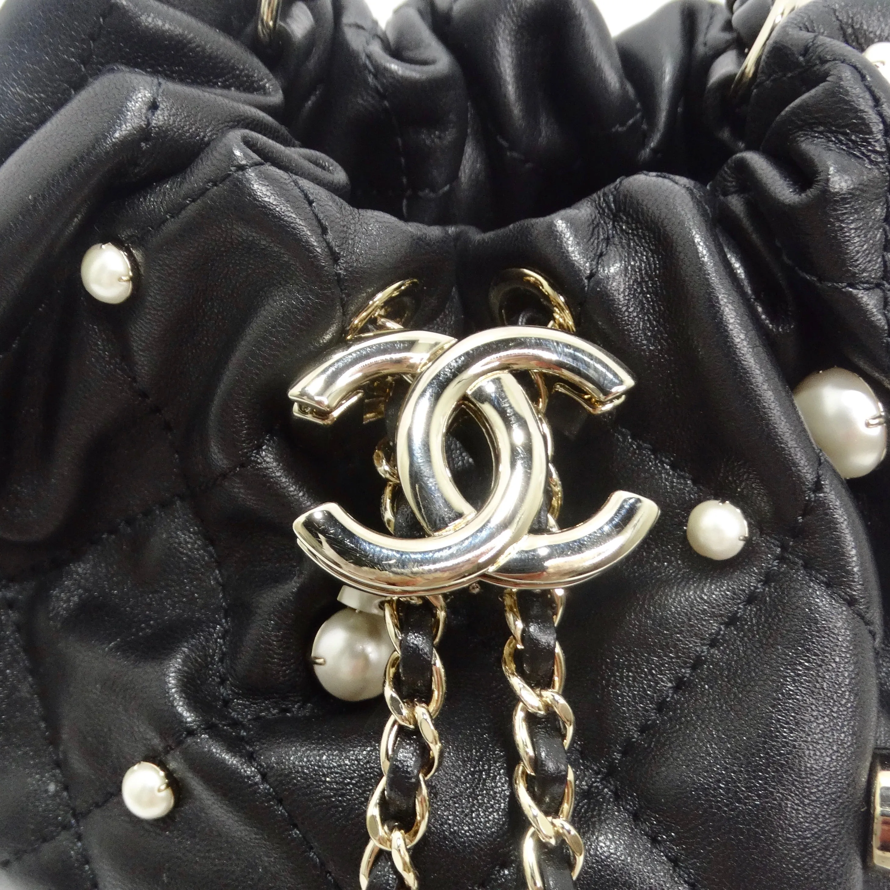 Chanel About Pearls Black Lambskin Drawstring Bucket Bag