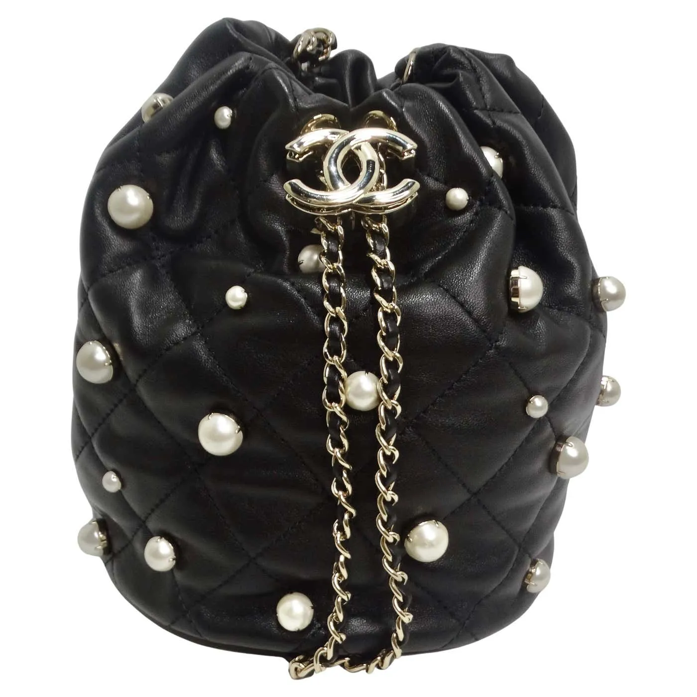 Chanel About Pearls Black Lambskin Drawstring Bucket Bag