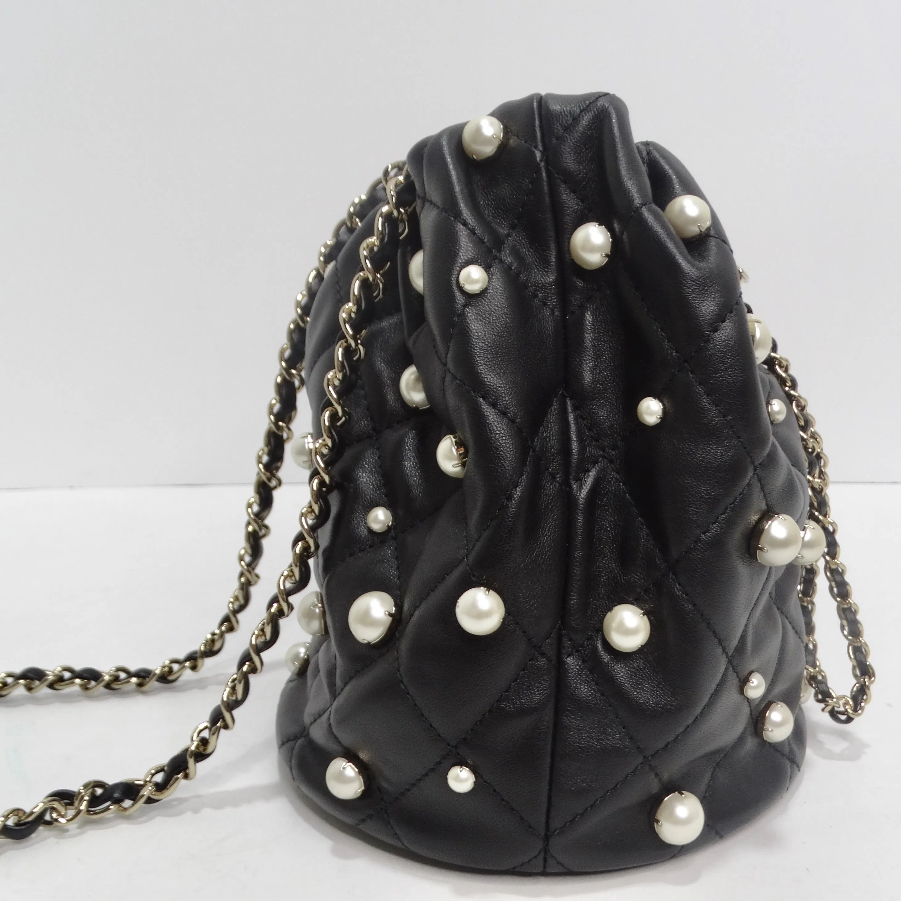 Chanel About Pearls Black Lambskin Drawstring Bucket Bag