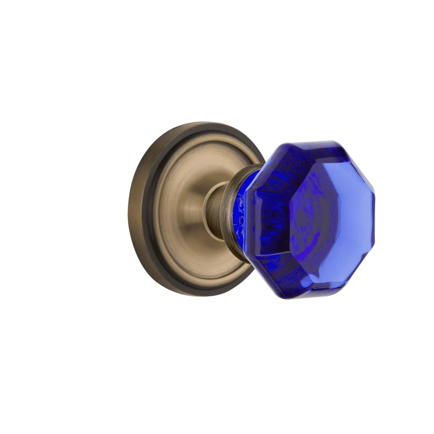 Classic Rosette with Cobalt Waldorf Knob in Antique Brass