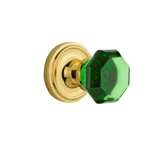 Classic Rosette with Emerald Waldorf Knob in Polished Brass