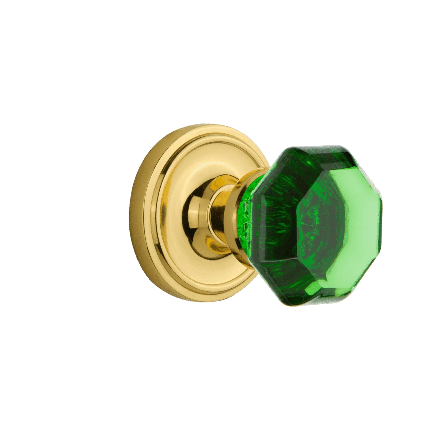 Classic Rosette with Emerald Waldorf Knob in Polished Brass