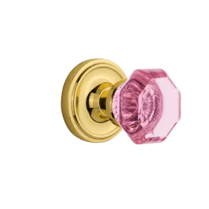 Classic Rosette with Pink Waldorf Knob in Polished Brass