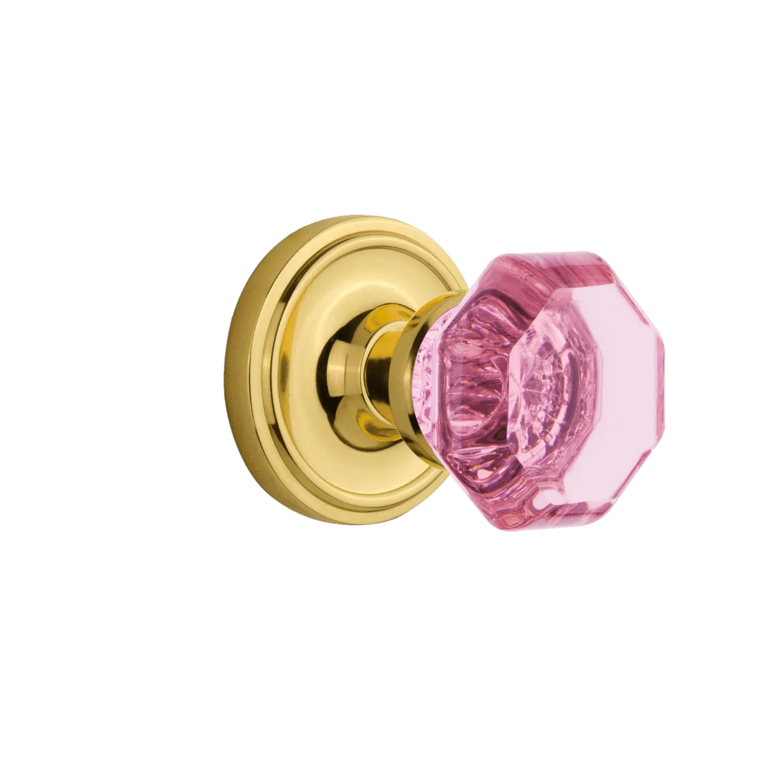 Classic Rosette with Pink Waldorf Knob in Polished Brass