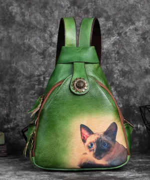 Classy Green kitten Print Calf Leather Backpack Bag