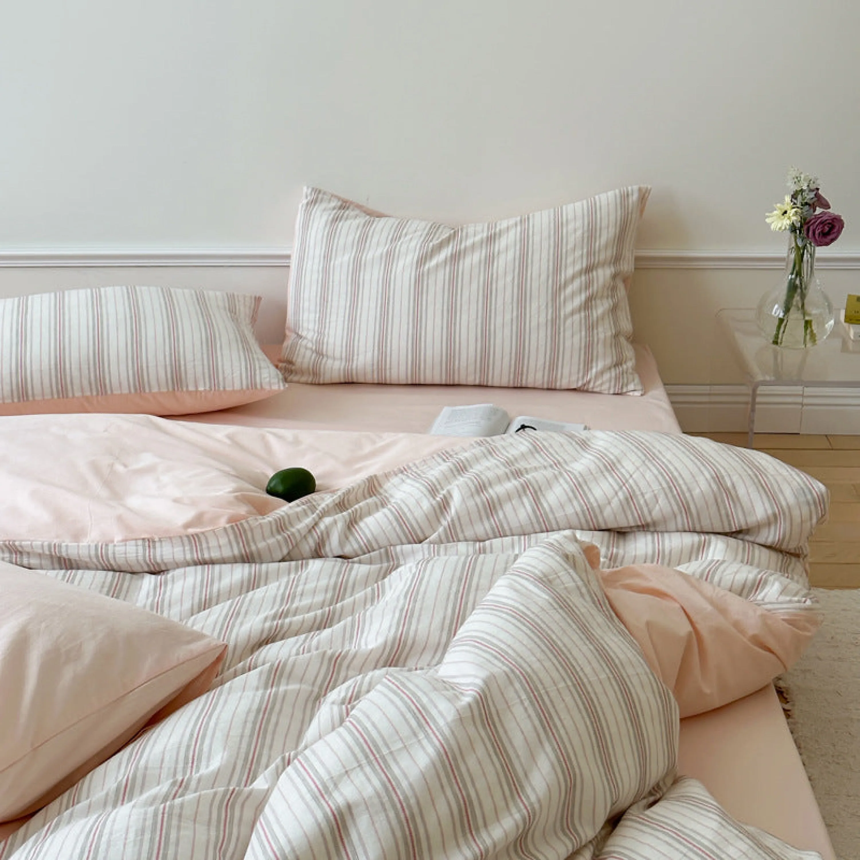 Cozy Pastel Striped Washed Cotton Duvet Cover / Pink