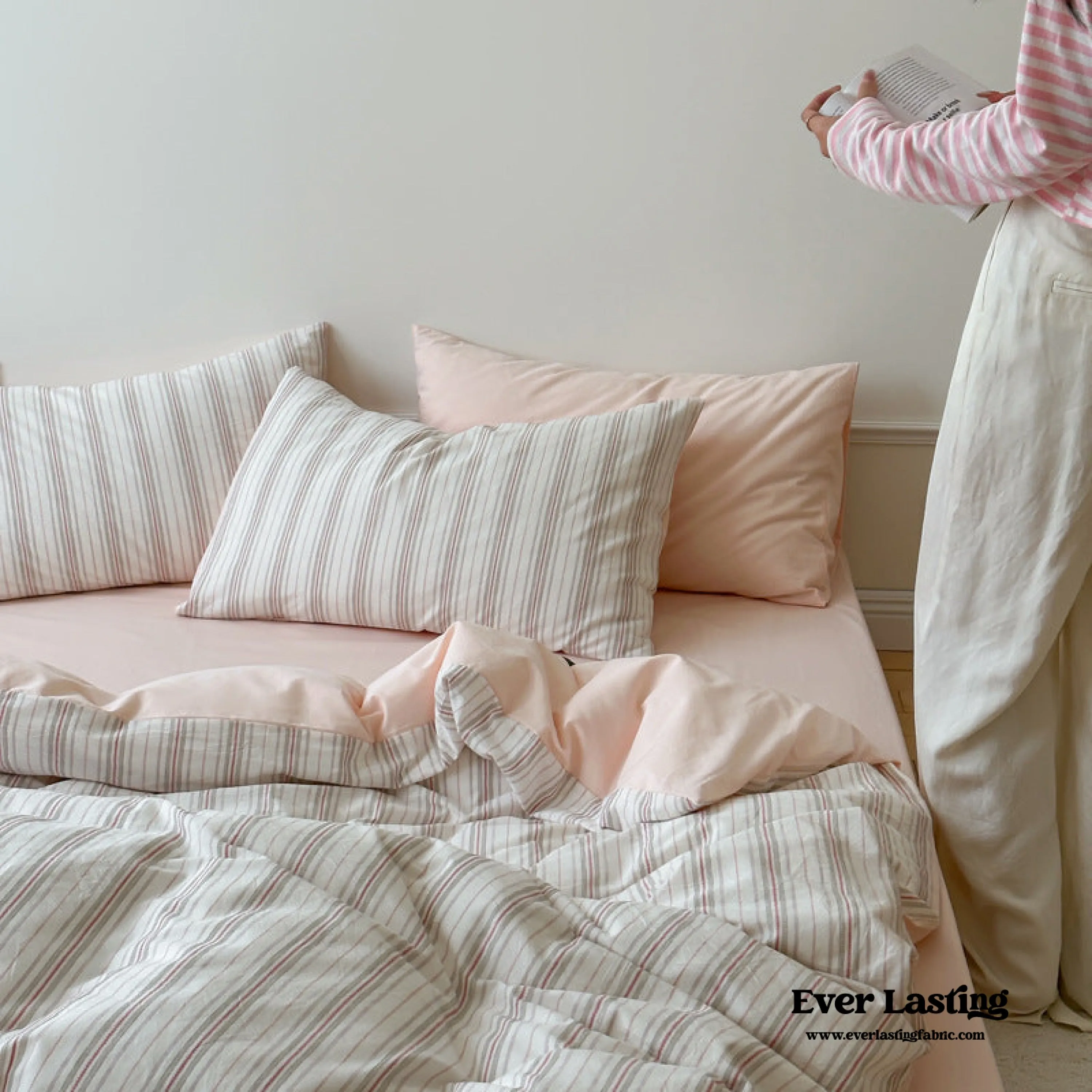 Cozy Pastel Striped Washed Cotton Duvet Cover / Pink