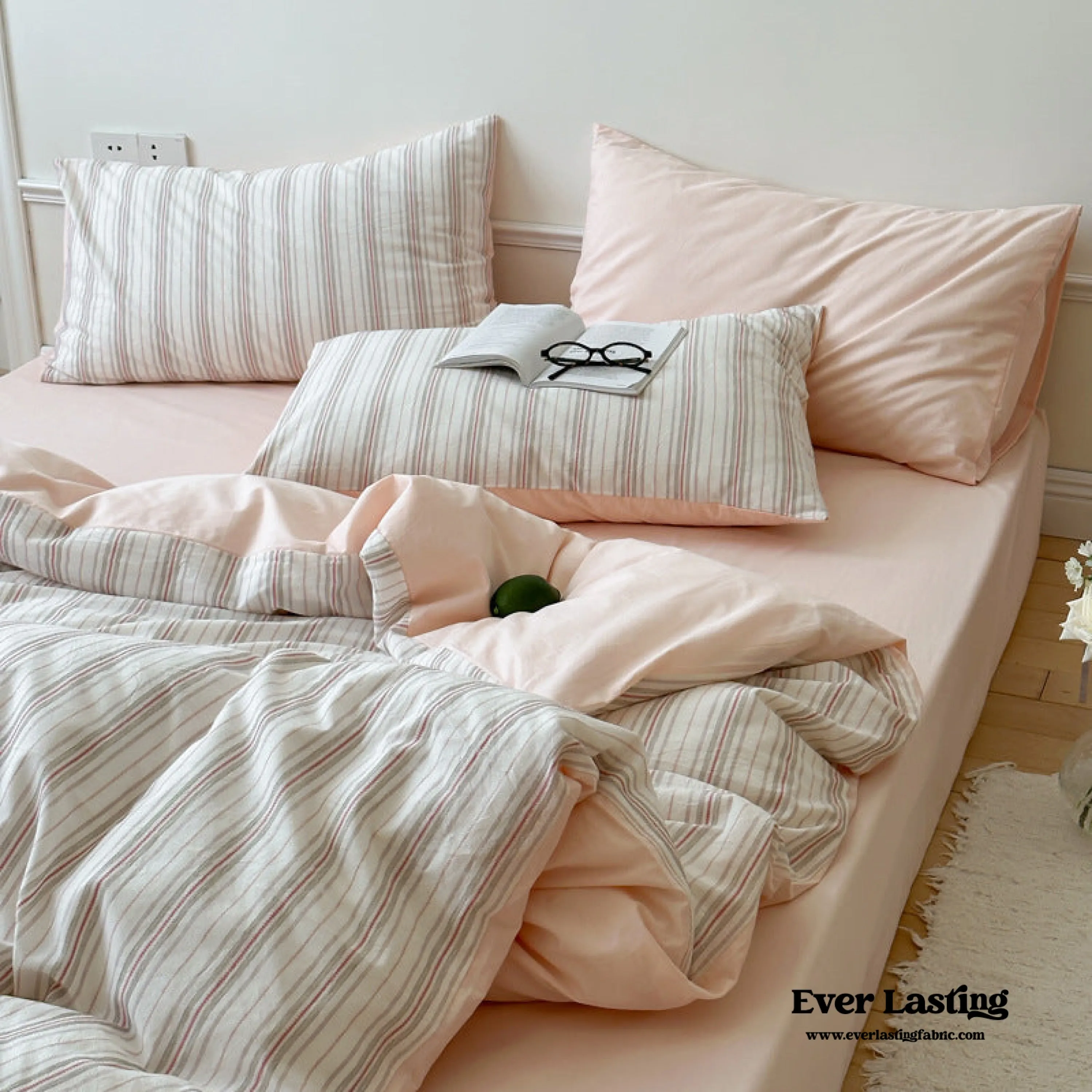 Cozy Pastel Striped Washed Cotton Duvet Cover / Pink