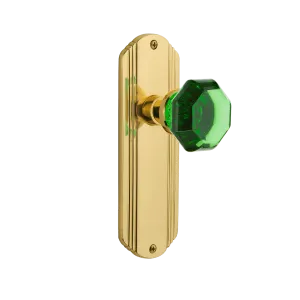 Deco Long Plate with Emerald Waldorf Knob in Unlacquered Brass