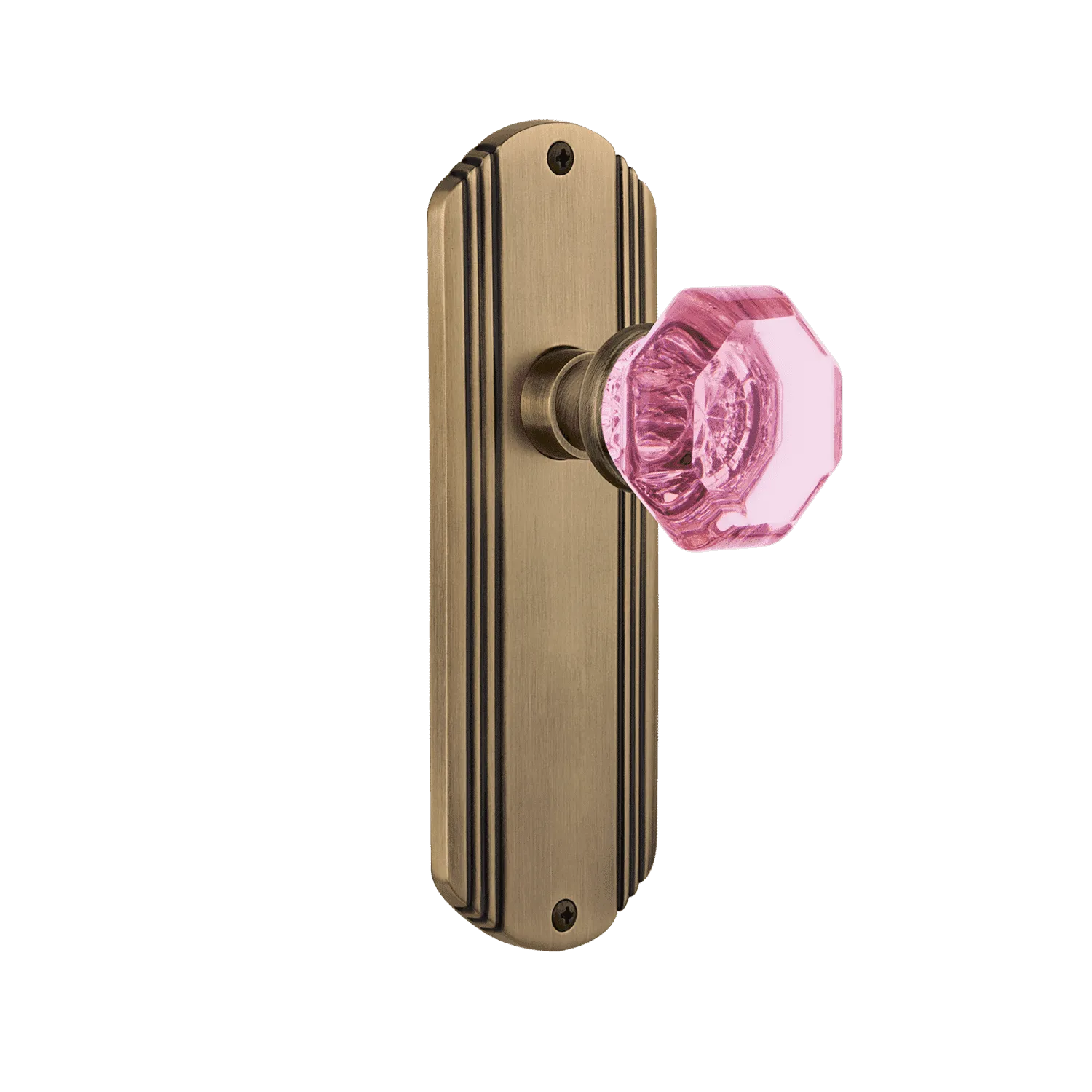 Deco Long Plate with Pink Waldorf Knob in Antique Brass