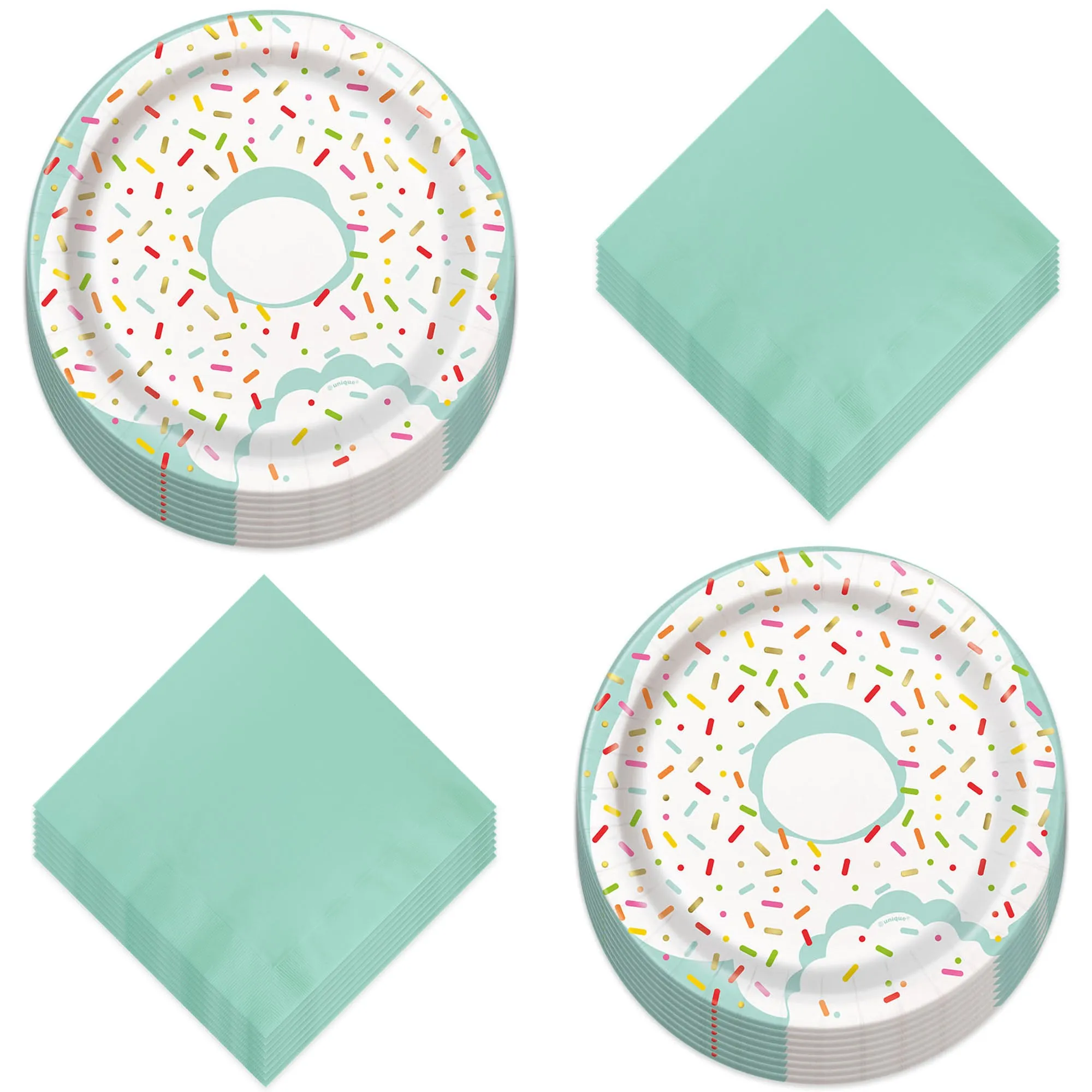 Donut Party Supplies - White Sprinkle Donut Paper Dessert Plates and Beverage Napkins (Serves 16)