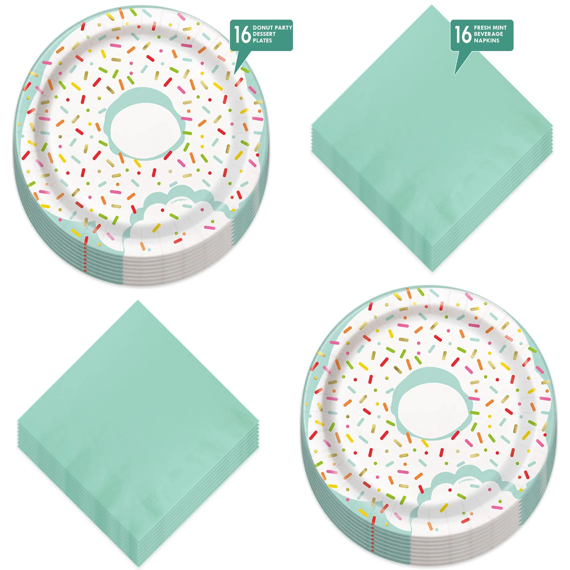 Donut Party Supplies - White Sprinkle Donut Paper Dessert Plates and Beverage Napkins (Serves 16)