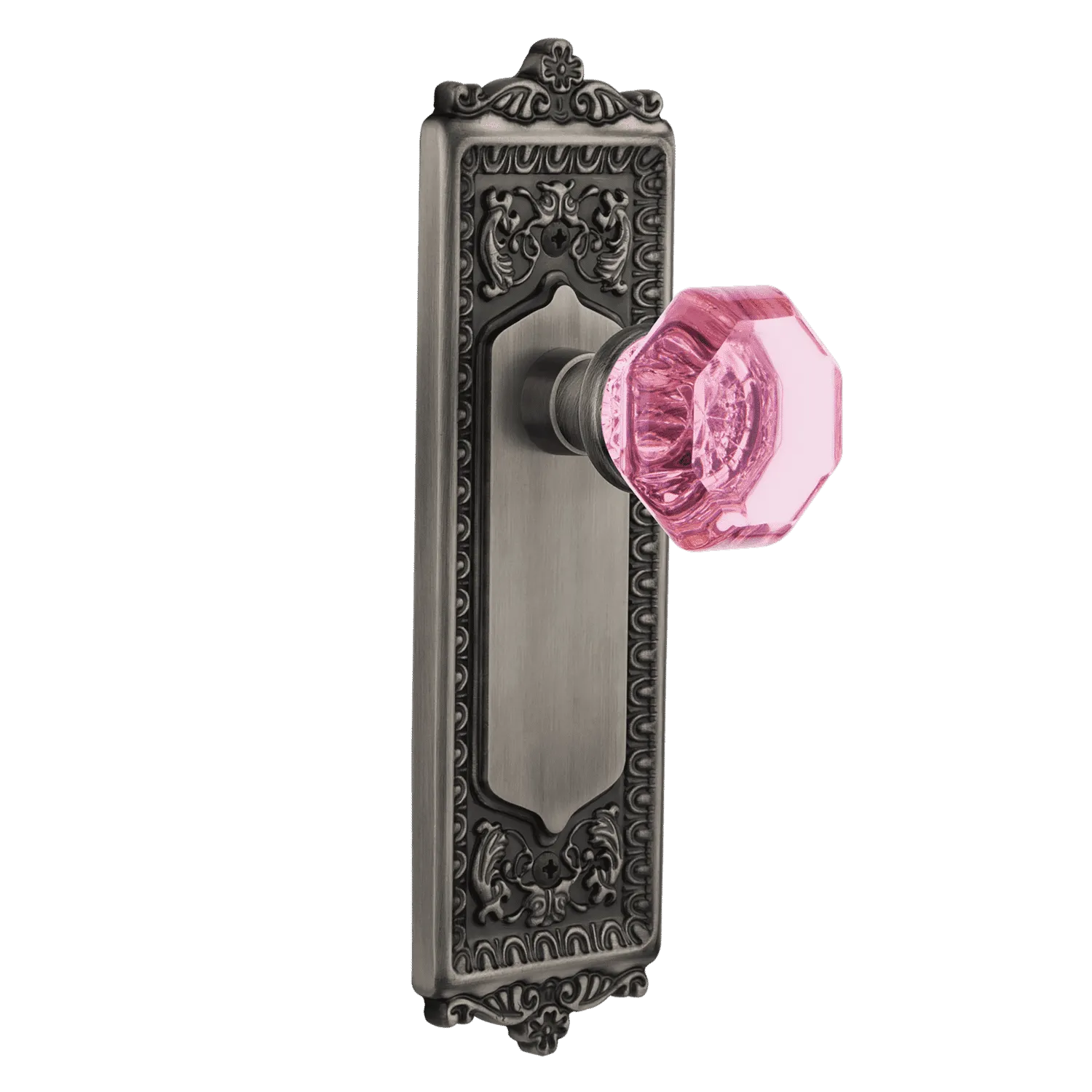 Egg & Dart Long Plate with Pink Waldorf Knob in Antique Pewter