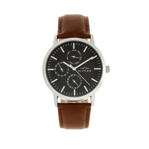 Elevon Lear Leather-Band Watch w/Day/Date - Brown/Silver